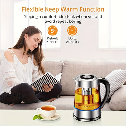 Electric Glass Kettle 1.8L 12 Temperature Controls 24-Hour Keep Warm BPA-Free Borosilicate Glass Stainless Steel Tea Infuser Filter for Coffee Tea Powdered Milk