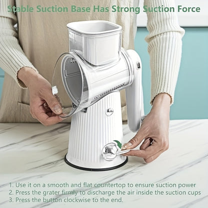 Rotary Cheese Grater with Interchangeable Blades – 5-in-1 Manual Vegetable Slicer Shredder Set, Suction Cup Base, Easy to Clean, Multifunctional Kitchen Tool for Fruits, Vegetables & Nuts