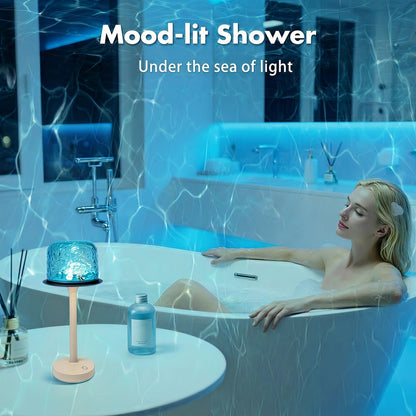 Ocean Wave LED Projector Lamp – 16 Color Rechargeable Cordless Night Light with Remote, Water Ripple Atmosphere Lamp for Bathroom Bedroom, Portable Table Lamp, RGB & Wood Base Options
