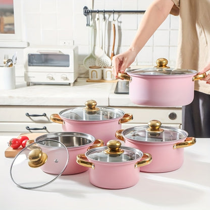 Stainless Steel Cookware Set 10 12 15 Piece Pots with Lids Double Handles Cooking Pot Set for Soup Hot Pot Noodles Pasta Home and Restaurant Kitchen Multiple Colors and Sizes Available