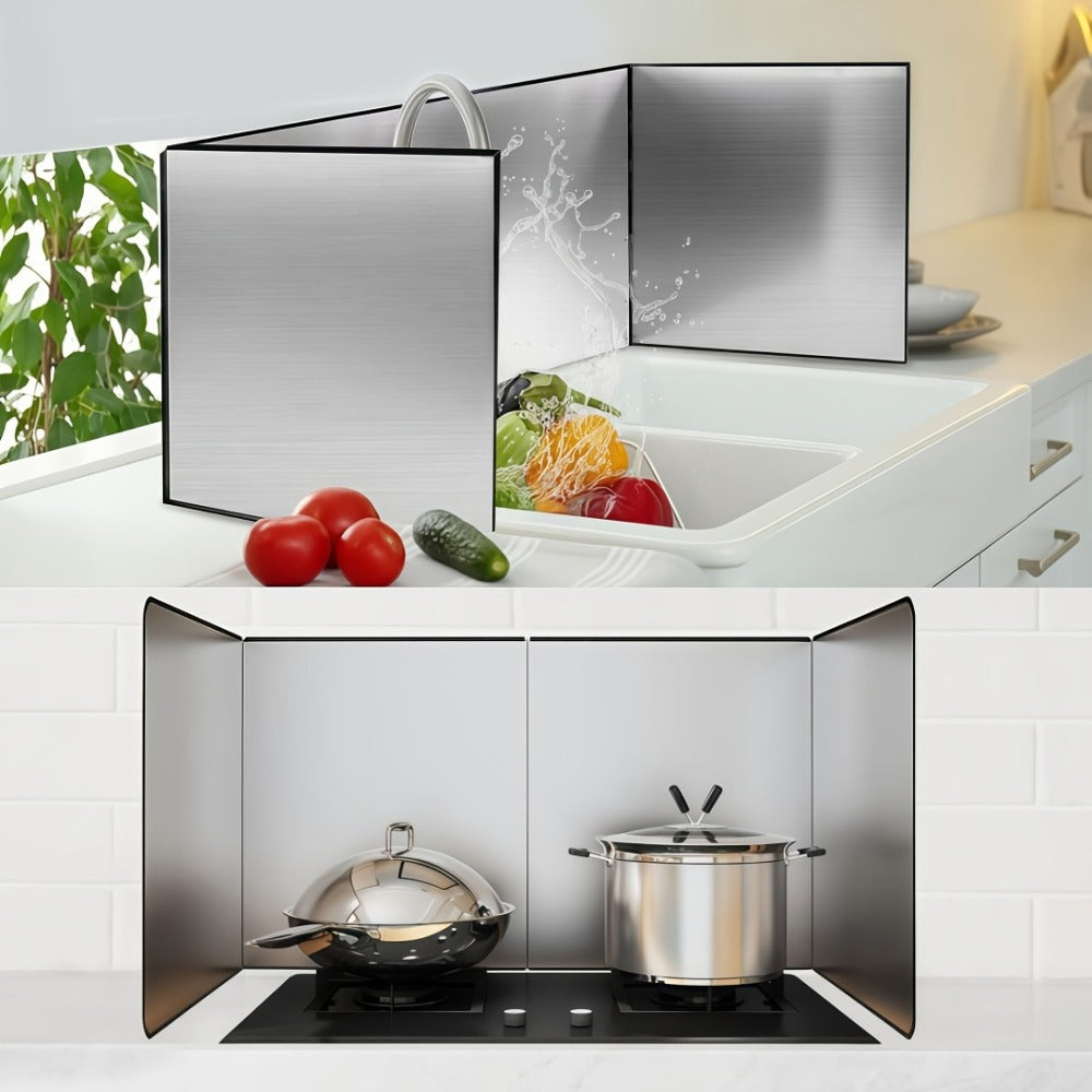 Stainless Steel Splatter Screen 4-Sided Foldable Stovetop Grease Guard - 31.5" Oil Splash Shield for Frying Pan, Gas Range & Induction Cooktop, Heat Resistant Nonstick Kitchen Backsplash Protector