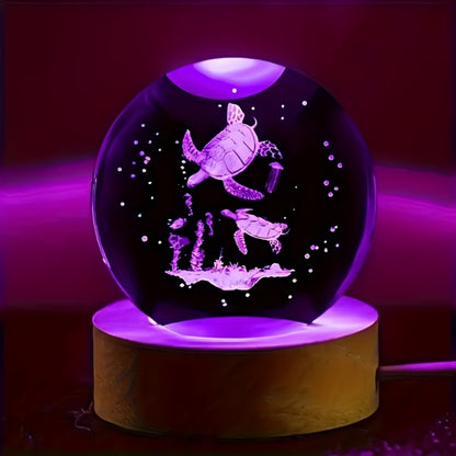 3D Sea Turtle Crystal Ball Night Light – LED Color Glow Glass Orb Lamp with Bamboo Base, Ocean Animal Figurine Desk Light for Home Bedroom Decor, Unique Gift for Turtle Lovers, Elders & Friends (2.36in)