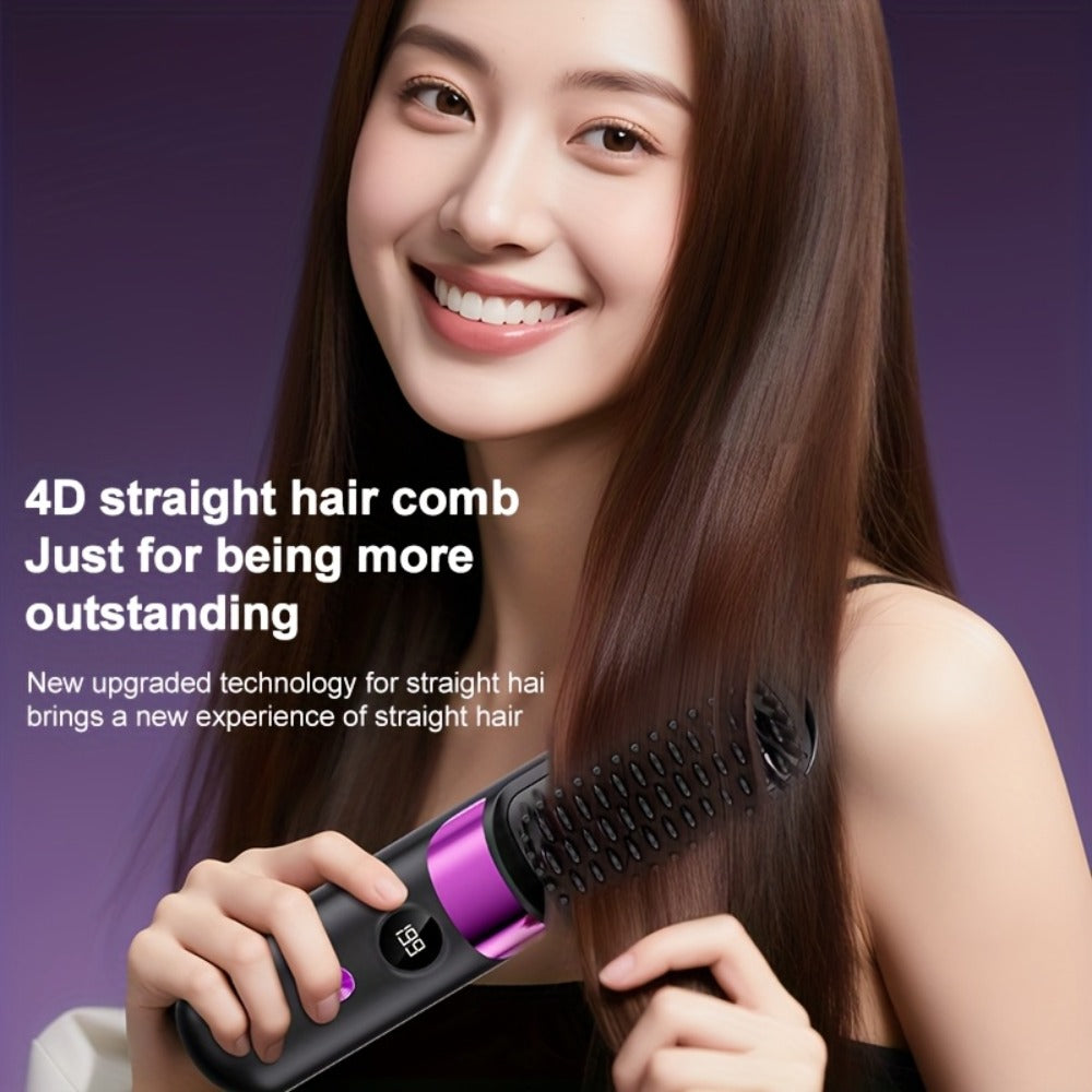 Wireless Hair Straightener Comb USB Rechargeable | Cordless Straightening Brush with Negative Ion, 3-Speed Temp Control, LED Display – Travel Hair Styler