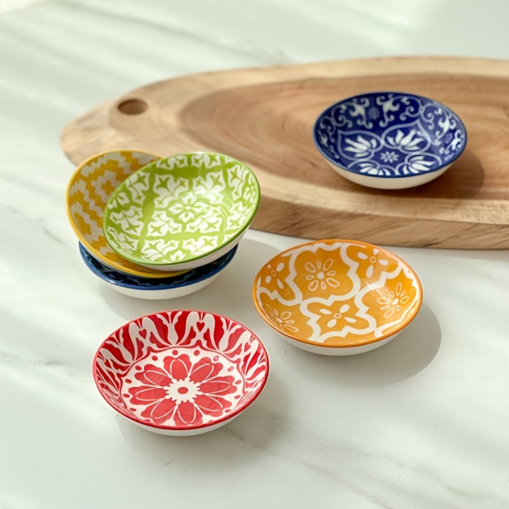 Ceramic Condiment Dish Set of 10 – Bohemian Small Saucer Dipping Bowls for Soy Sauce, Vinegar & Spices | Kitchen, Restaurant, Party, BBQ & Picnic Use | Machine Washable