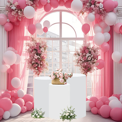 Cylinder Pedestal Stand Covers 5pcs – Stretch Fabric Pillar Covers for Wedding Party Birthday Baby Shower Dessert Table Backdrop Decor White Pink