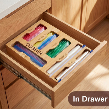 Bamboo Wrap Dispenser 6-in-1 Kitchen Organizer – Built-In Cutter, 6-Grid Storage Box for Plastic Wrap, Aluminum Foil & Bags, Space-Saving Drawer Organizer for Pantry & Kitchen Counter