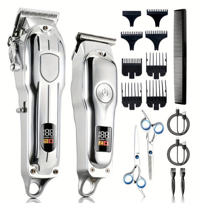 Professional Hair Clipper & Beard Trimmer Set - MENSURE Cordless 6000RPM Hair Cutting Kit with T-Blade Trimmer, 7 Guide Combs, LED Display & Type-C Fast Charging, Barber Kit for Men Home & Salon Use
