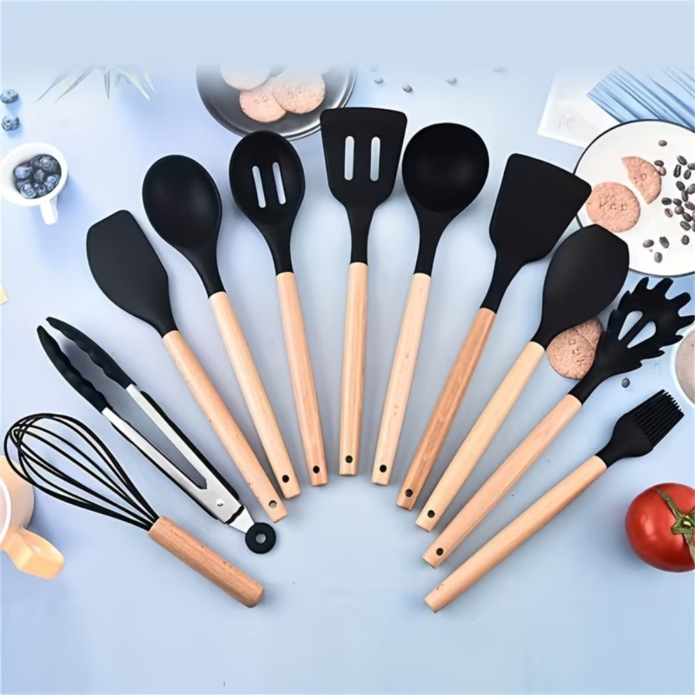 19-Piece Non-Stick Silicone Cookware Set with Bamboo Storage, Knives & Wooden Handle – Pots, Pans & Utensils for Induction & Oven