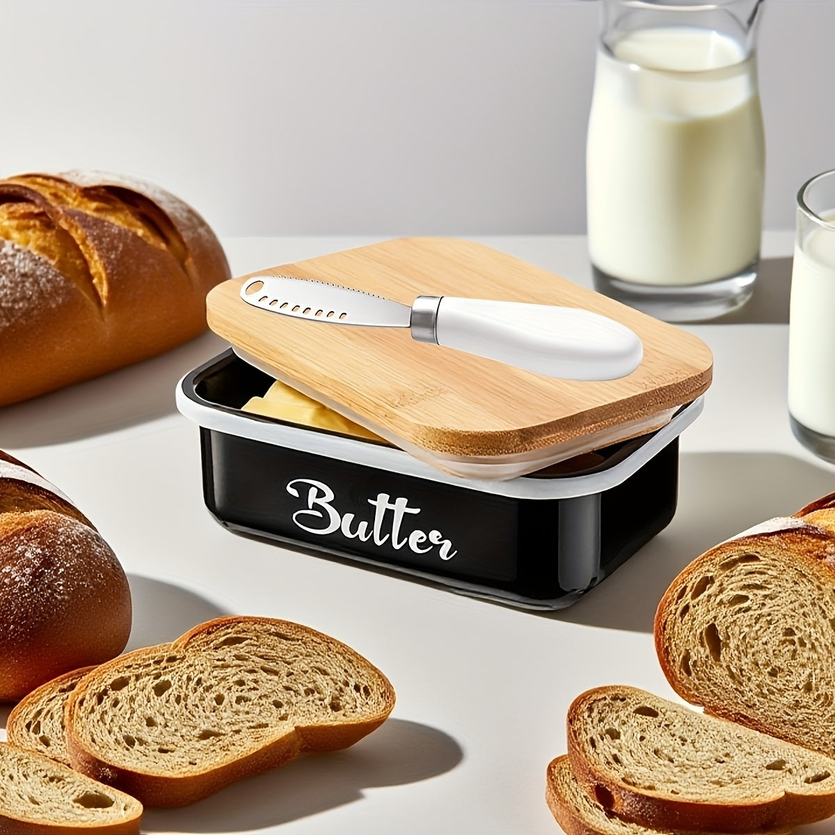 Butter Dish with Bamboo Lid & Knife, Iron Airtight Butter Keeper & Cheese Storage Box — Large Capacity Kitchen Counter Butter Container | Holiday Gift | Black, Gray, Green