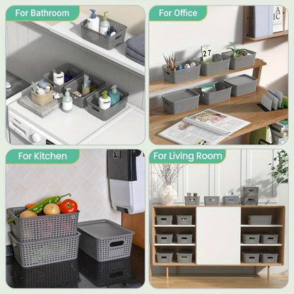 Storage Organizer Bins with Lids 4/8 Pack | Space-Saving Stackable Boxes 10"x7"x4" for Shelves, Closet & Desk - Declutter Bins for Dorm, Playroom & Office with File Organizer Bag, White Black Gray Red