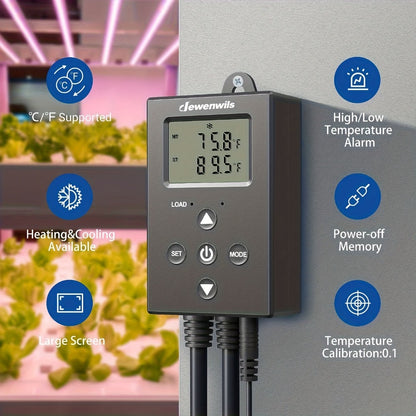 Digital Temperature Controller Thermostat Outlet Heating Cooling Mode 14°F-140°F LCD Display Buzzer Alarm 120V 10A 1200W for Freezer Greenhouse Reptile Aquarium Incubator Home Brewing