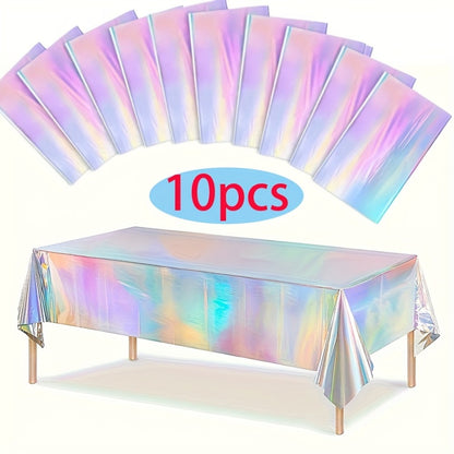 Holographic Rainbow Table Covers 10 Pack - Disposable Foil Tablecloths for Party, Wedding, Birthday & Gender Reveal