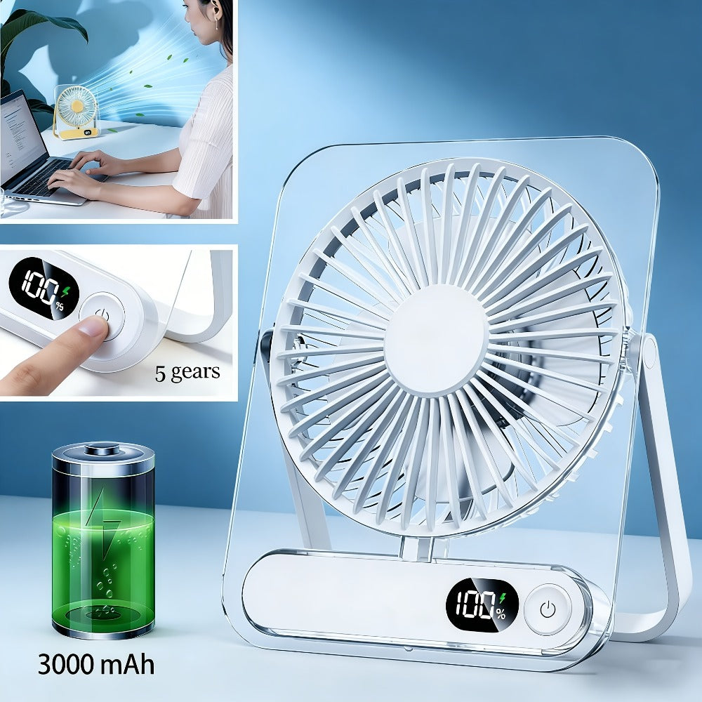 Portable USB Desktop Fan 3000mAh Battery, Ultra-Quiet 5-Speed Foldable Fan with 180° Adjustable Tilt and Digital Power Display, Small Personal Cooling Fan for Home, Office and Travel