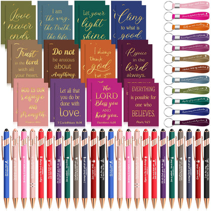 Christian Gifts Bulk Set 72pcs | Inspirational Religious Notebooks Ballpoint Pens Verse Keychains – Bible Quote Party Favors for Church Office Christmas Easter Stocking Stuffers