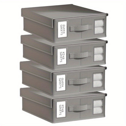 Bed Sheet Storage Organizer Boxes 4-Pack Foldable Fabric Bins with Clear Window & Label, Closet Bedding Storage Box for Sheets Duvet Covers Blankets Pillowcases, Oxford or Non-Woven, Grey Beige