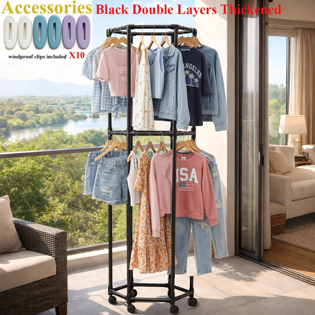 Rolling Hexagon Clothes Drying Rack 1 or 2 Layer – Sturdy Metal Floor Stand with Wheels, Multi-Bar & 10 Clips, Portable Laundry Rack for Bedroom, Balcony & Dorm