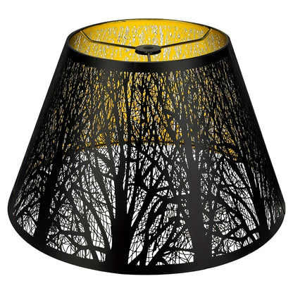 Metal Lampshade Etched Forest & Leaf Design | Black Exterior Gold Interior | Barrel Lamp Shade for Table Lamp & Floor Lamp | Medium Large Decorative Lampshade 7x13x7.8 inch