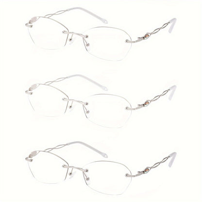 Rimless Reading Glasses for Women 3 Pack - Blue Light Blocking Lightweight Metal Frameless Readers with Anti Eyestrain Lenses, Multiple Colors and Magnifications 1.0X to 4.0X
