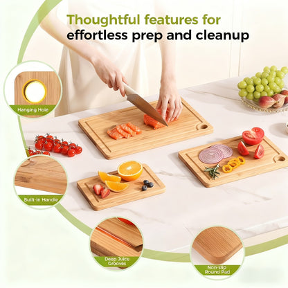 Wood Cutting Board Set of 3 Natural Wooden Chopping Boards with Juice Groove & Non-Slip Edges – Reversible Design for Meat BBQ Home Kitchen Restaurant Holiday Gift