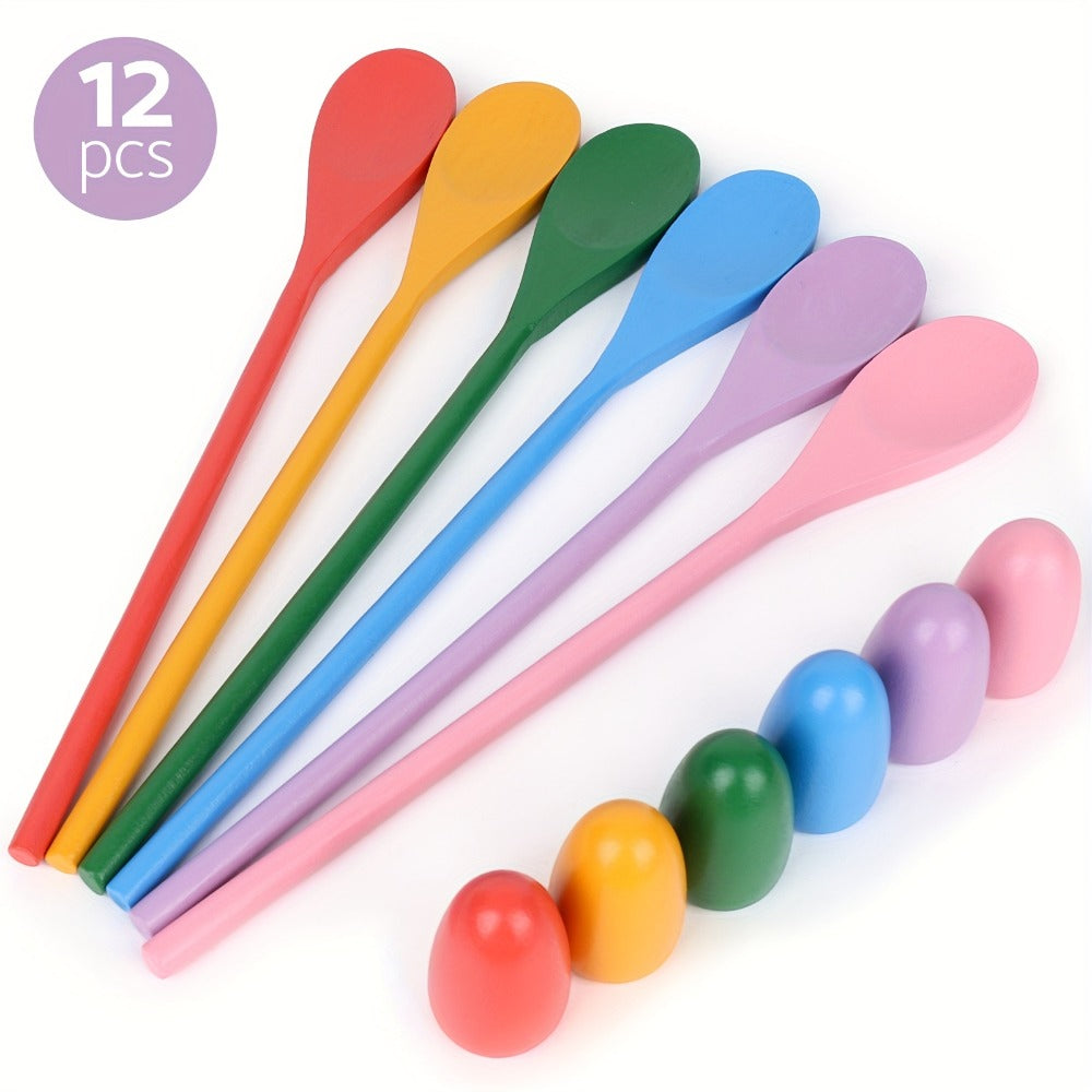 Egg Spoon Race Game Set 12pcs – Wooden Egg & Spoon Balance Relay Race Outdoor Lawn Game for Kids, Easter, Birthday Party, Carnival, School Activity