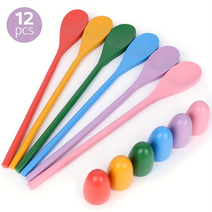 Egg Spoon Race Game Set 12pcs – Wooden Egg & Spoon Balance Relay Race Outdoor Lawn Game for Kids, Easter, Birthday Party, Carnival, School Activity