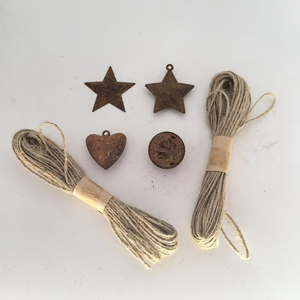 Christmas Bells Decorations 62pcs Set – Rustic Iron Jingle Bells with Heart, Star & Round Shapes, Vintage Craft Bells with 2 Rolls of Rope for Christmas Tree, Party & Home Decor DIY Ornaments