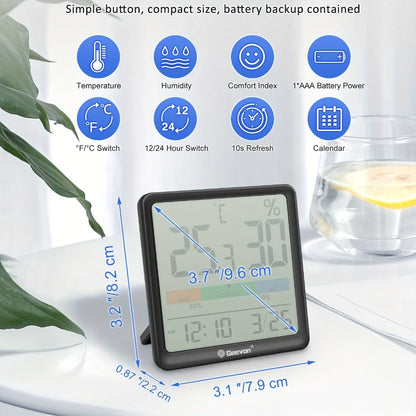 Indoor Thermometer Hygrometer Digital | Accurate Temperature Humidity Monitor with Clock & Calendar | Desktop Room Humidity Gauge for Home Office Bedroom Baby Room