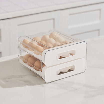 Egg Storage Container 32 Grid Double Layer with Drawer | Fridge Egg Holder Organizer | Sturdy PET+PP Stackable Egg Tray for Refrigerator, Keeps Eggs Fresh & Organized
