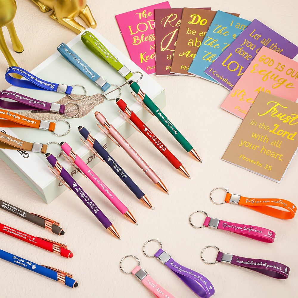 Christian Gifts Bulk Set 72pcs | Inspirational Religious Notebooks Ballpoint Pens Verse Keychains – Bible Quote Party Favors for Church Office Christmas Easter Stocking Stuffers