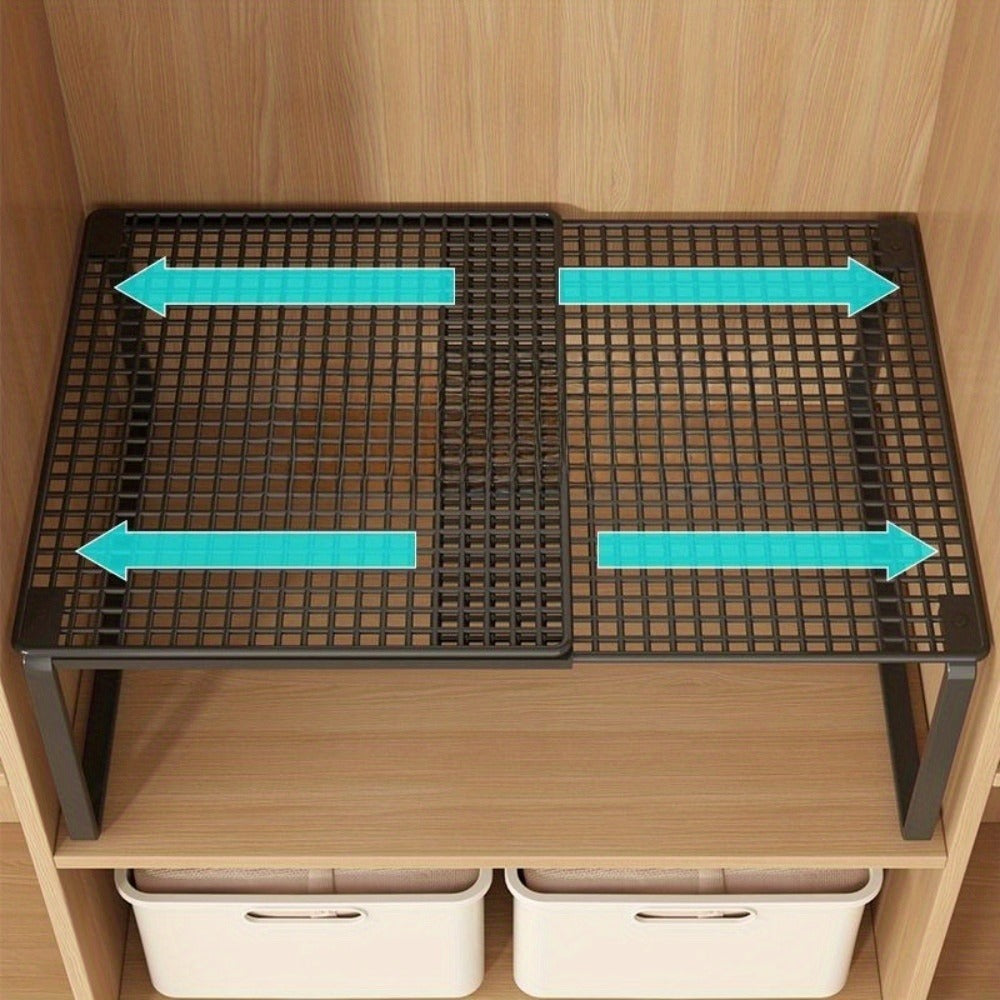 Expandable Cabinet Shelf Organizer, Heavy-Duty Metal Height-Adjustable Wardrobe Shelf Divider — Vertical Space-Saving Storage Rack for Kitchen, Closet, Pantry & Apartment | Black & White