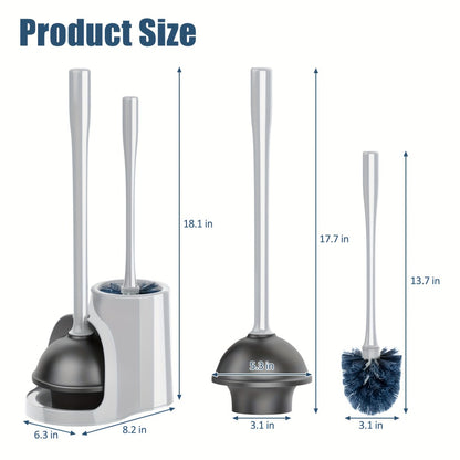 Toilet Plunger and Bowl Brush Combo Set for Bathroom Cleaning - Heavy Duty Plunger with Holder & Toilet Brush with Caddy, 2-in-1 Bathroom Cleaning Set, Gray, Compact Storage for Home Bathroom