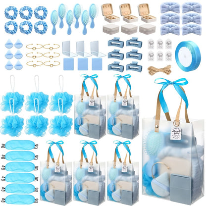 Party Favor Gift Set 74pcs – Headbands, Hair Brushes, Bracelets, Mirrors, Powder Puffs, Hair Ties, Clips, Bath Sponges & Jewelry Boxes with Gift Bags for Bridal Shower, Wedding, Christmas & Events (Pink/Blue)
