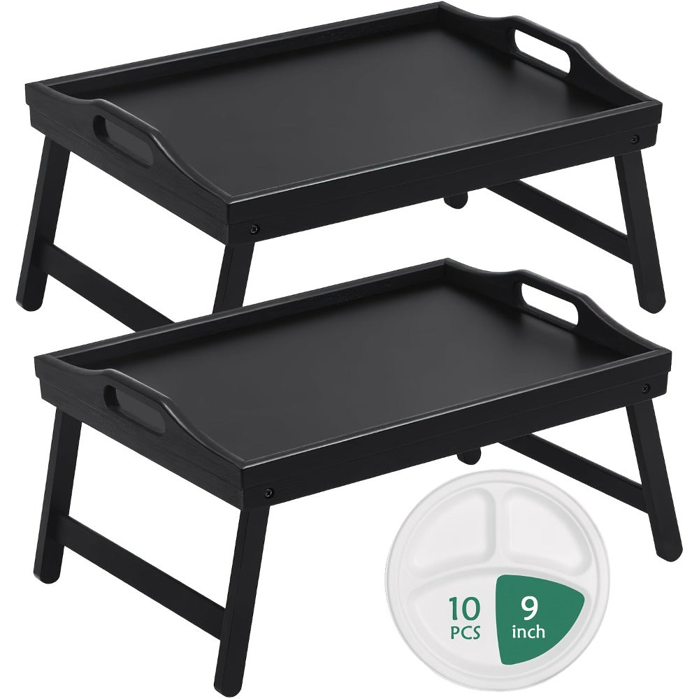 Bamboo Bed Tray Table with Foldable Legs & Handles, Breakfast Tray for Eating, Working & Snacking in Bed — Food-Safe, Durable Lap Desk | White, Black, Natural Bamboo | 1 or 2 Pack