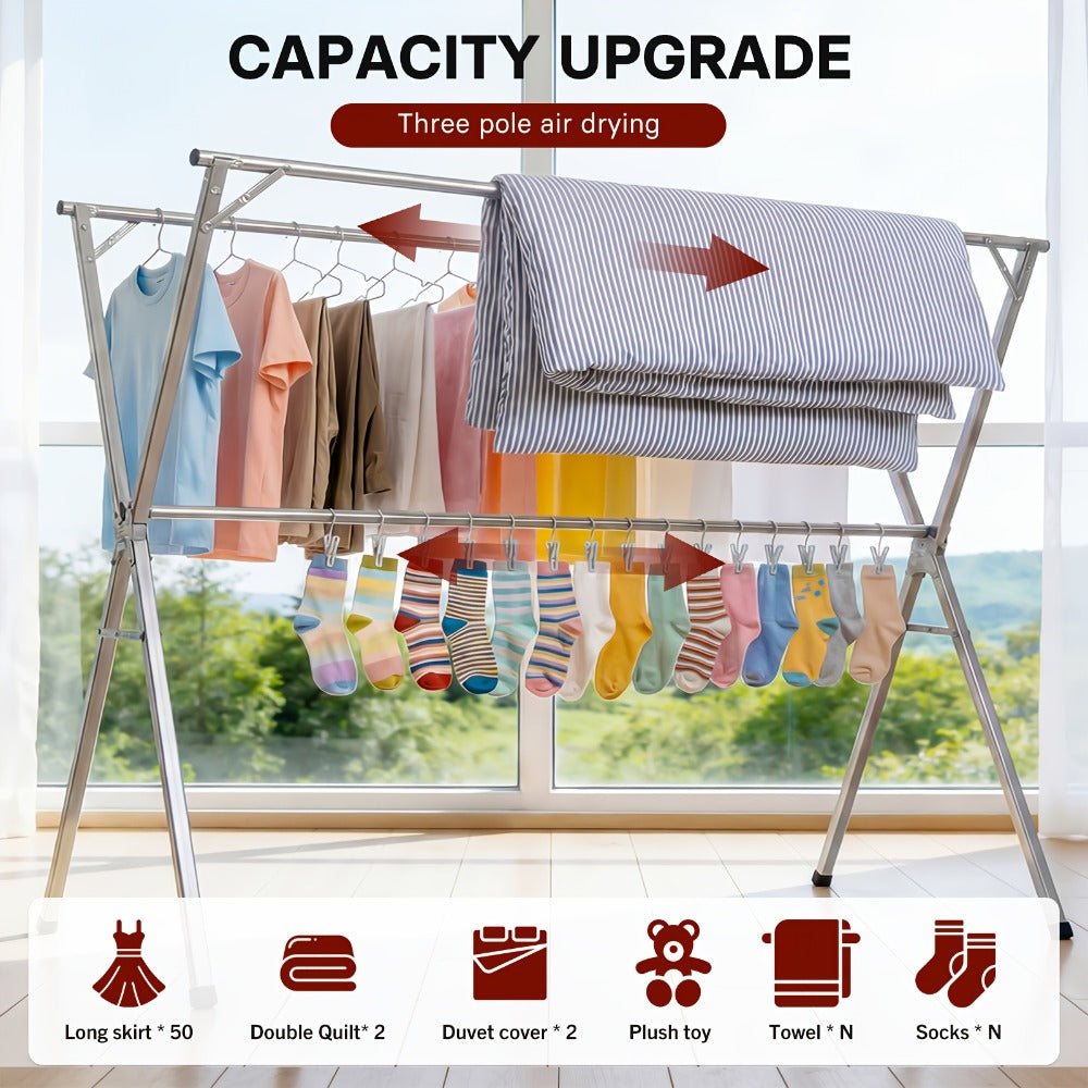 Foldable Clothes Drying Rack 3-Bar – Heavy Duty Stainless Steel Collapsible Laundry Rack, Retractable 63" or 79" for Indoor & Outdoor Use – Freestanding Portable Clothesline Drying Rack