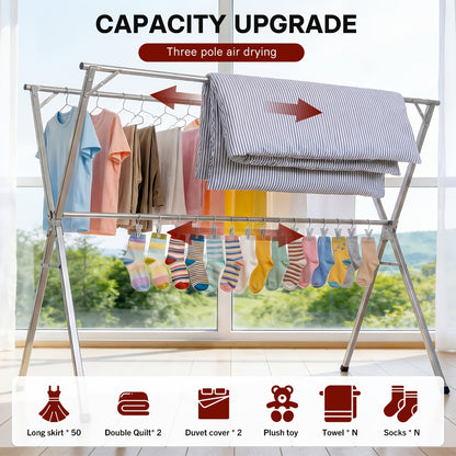 Foldable Clothes Drying Rack 3-Bar – Heavy Duty Stainless Steel Collapsible Laundry Rack, Retractable 63" or 79" for Indoor & Outdoor Use – Freestanding Portable Clothesline Drying Rack