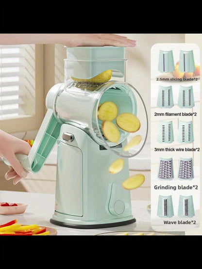 Rotary Cheese Grater with Handle 10 Interchangeable Blades Suction Cup Base Easy Clean Kitchen Slicer for Cheese Vegetables Fruits Nuts