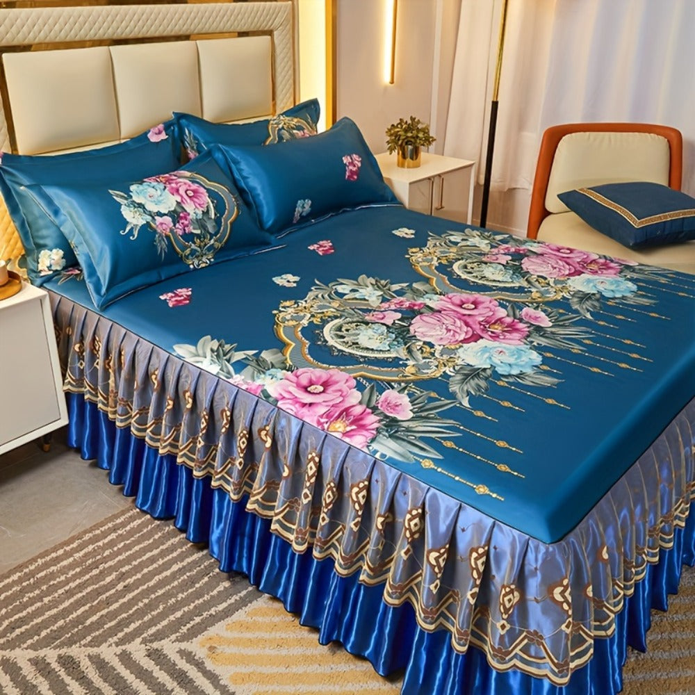 Floral Ruffle Bed Skirt Cool Mat 3 Piece Set with Pillowcase, Double Layer 360° Full Wrap Washable Cooling Mattress Cover, Breathable Summer Bedding Set for Twin Full Queen King, Parisian Romantic Floral