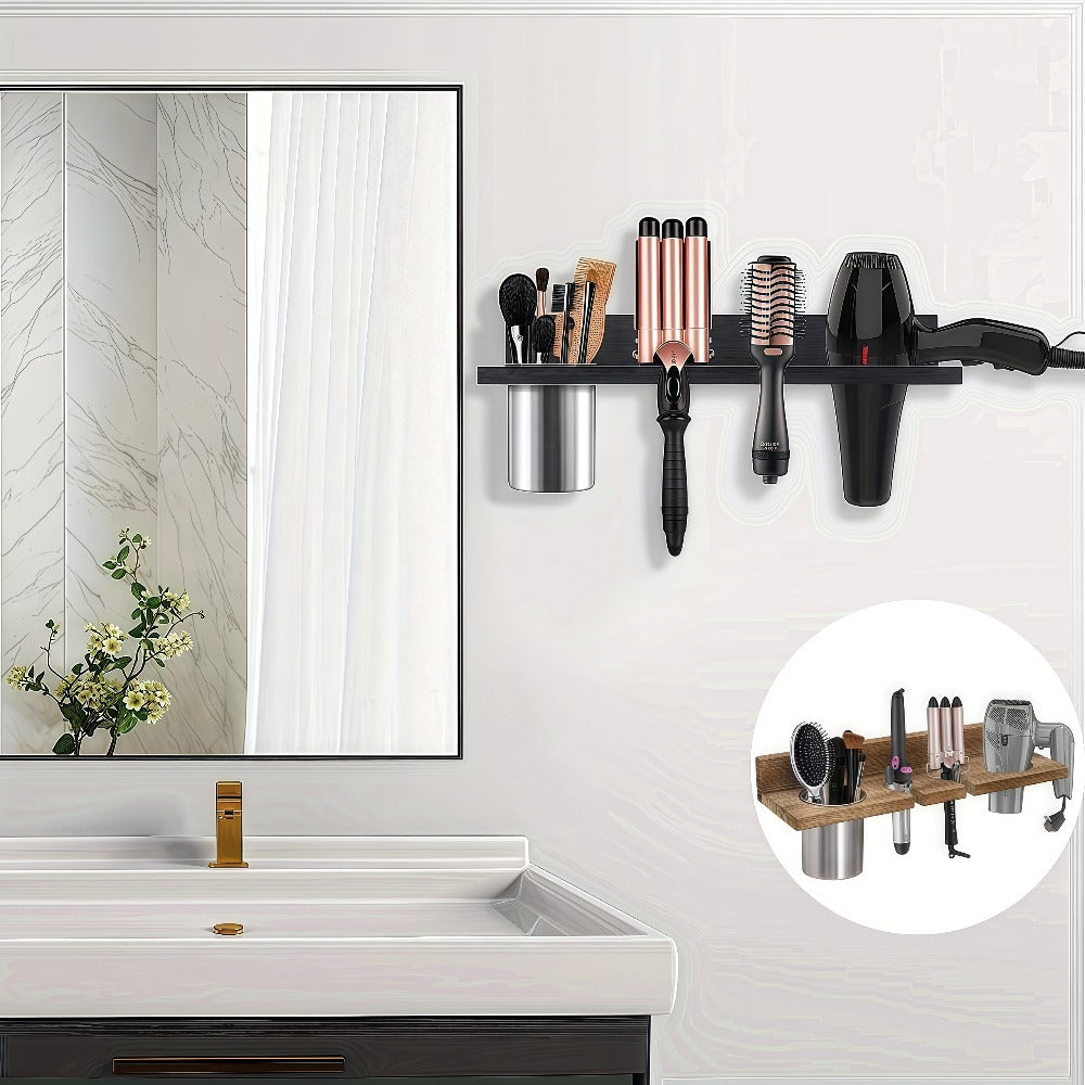 Wall Mounted Hair Tool Organizer – Wooden Hair Dryer Holder & Storage Rack for Curling Iron, Straightener & Brushes, Rustic Bathroom Salon Shelf (Brown & Black)