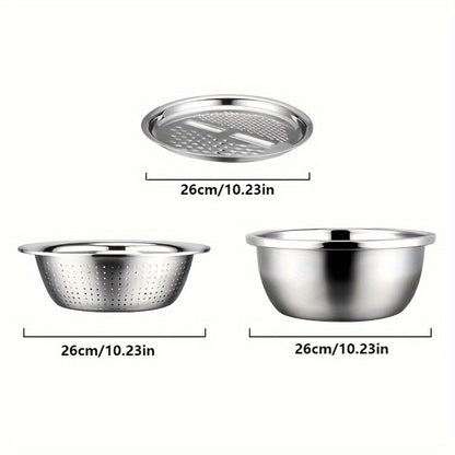 Stainless Steel Kitchen Bowl Set 3 Piece with Integrated Grinder, Colander Filter and Mixing Bowl, Multifunctional Fruit Vegetable Washing Prep Bowl with Drainage System for Slicing Cheese Salad