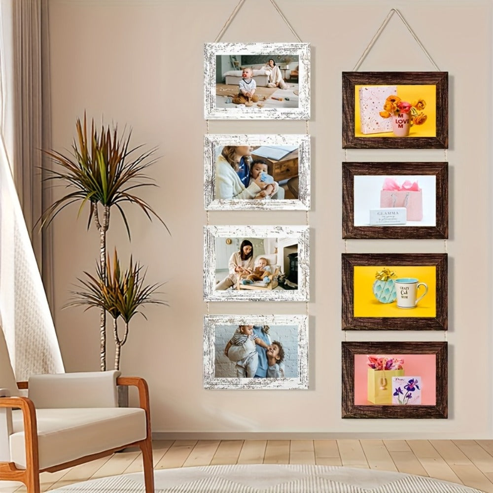Picture Frame Set 4pcs Wooden Glass 4x6 with Flip-Top Display – Collage Photo Frames for Wall & Desktop, Interchangeable Mat, Home Decor Room Aesthetic – Wedding, Housewarming & Holiday Gift (White/Brown)