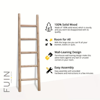 Blanket Ladder 57 Inch Wood Freestanding Farmhouse Quilt & Towel Display Rack - Rustic Wooden Wall Leaning Holder for Living Room, Bedroom & Bathroom Decor, Available in Brown, Black & White