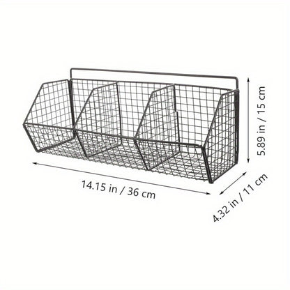 Wall Mounted Kitchen Storage Basket – Metal Wire Rack Organizer, 2 or 3 Grid Tier, Space Saving Vertical Pantry Shelf for Spices, Snacks & Beverages, Home Kitchen & Retail Store Display