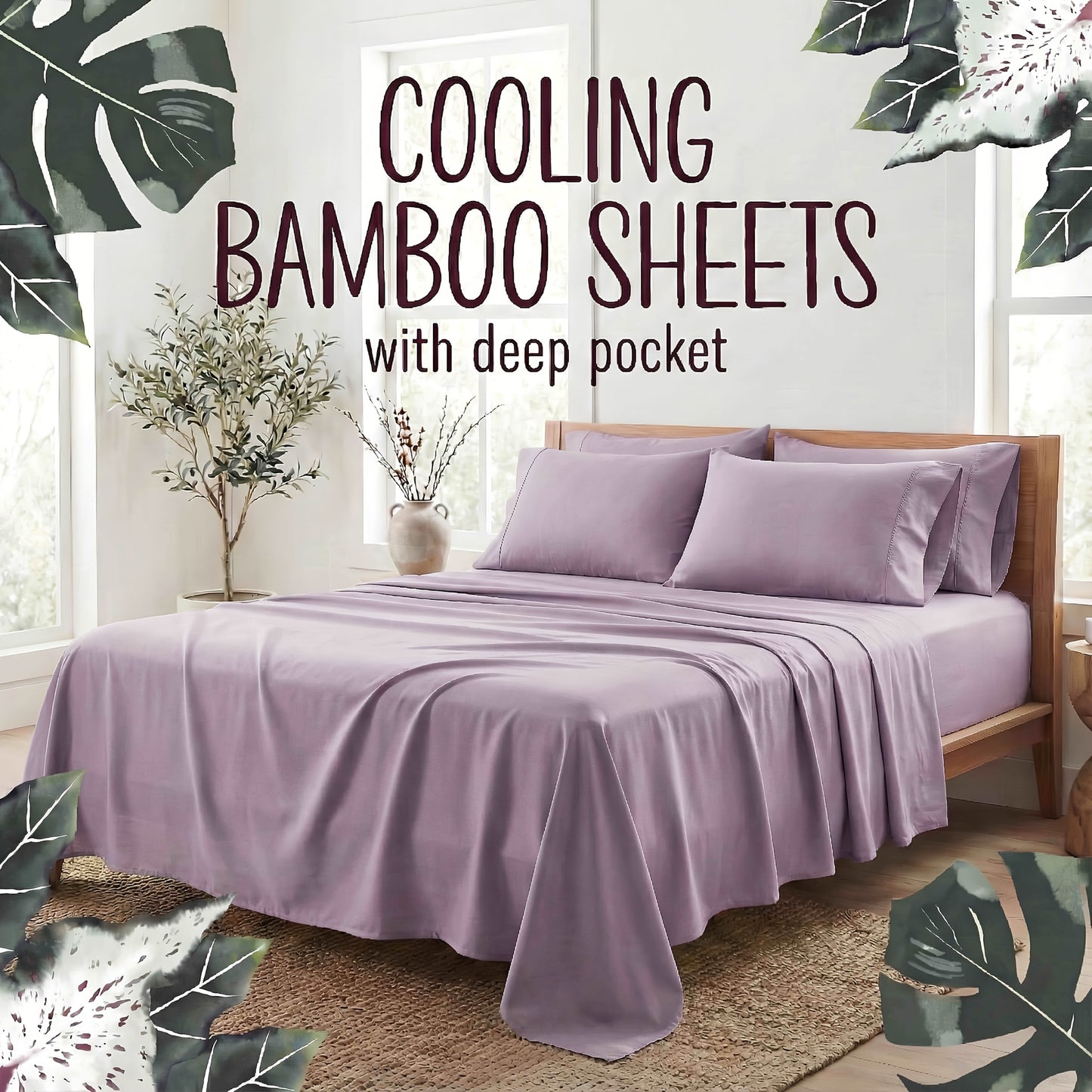 Bamboo Fiber Bed Sheet Set 4-Piece – Cooling Sheets, Hypoallergenic, Deep Pocket Fitted Sheet, Wrinkle-Free Bedding for All Seasons, Twin Full Queen King