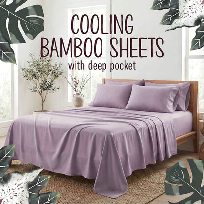 Bamboo Fiber Bed Sheet Set 4-Piece – Cooling Sheets, Hypoallergenic, Deep Pocket Fitted Sheet, Wrinkle-Free Bedding for All Seasons, Twin Full Queen King
