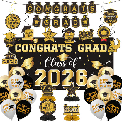 2026 Graduation Decorations Set – Congrats Grad Banner, Backdrop, Hanging Swirls & Honeycomb Table Toppers, Class of 2026 Party Supplies Kit
