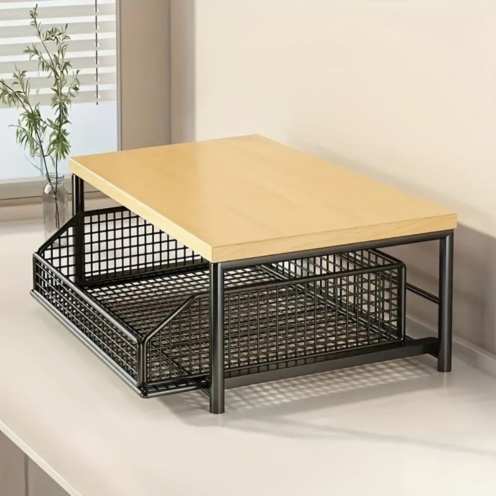 2-Tier Kitchen Countertop Organizer with Drawer & Wire Basket – Hardwood & Metal Storage Shelf for Coffee Maker, Utensils & Spices