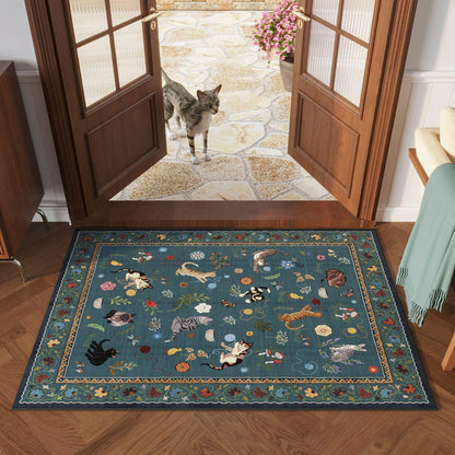 Boho Cat Floral Area Rug – Vintage Blue Animal Print Low Pile Carpet, Non-Slip Soft Rug for Living Room, Bedroom & Dining Room, Round & Runner Sizes, Easy Clean