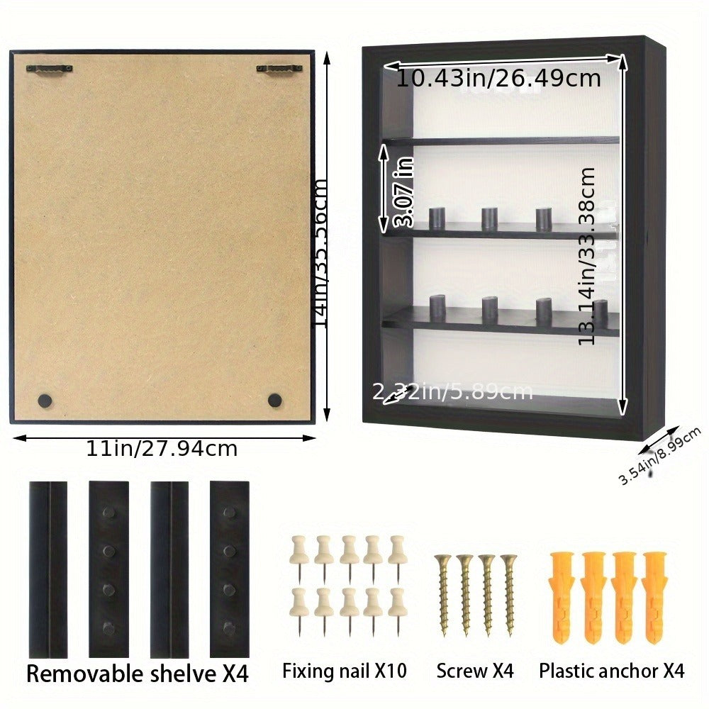 Shadow Box Frame with Linen Back – Large Rustic Memory Display Case 11x14 & 12x16 Inch for Photos, Medals, Coins, Pins, Flowers & Collectibles, 4 Removable Shelves, Black White Brown