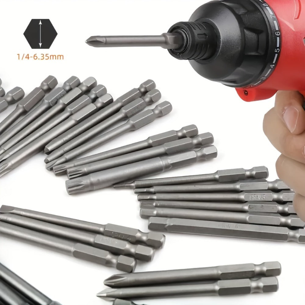 Magnetic Screwdriver Bits Set 50pcs – 75mm Extended Security Bits, 1/4" Hex Shank, Torx Star Hex Spline, for Power Drills & Hand Screwdrivers