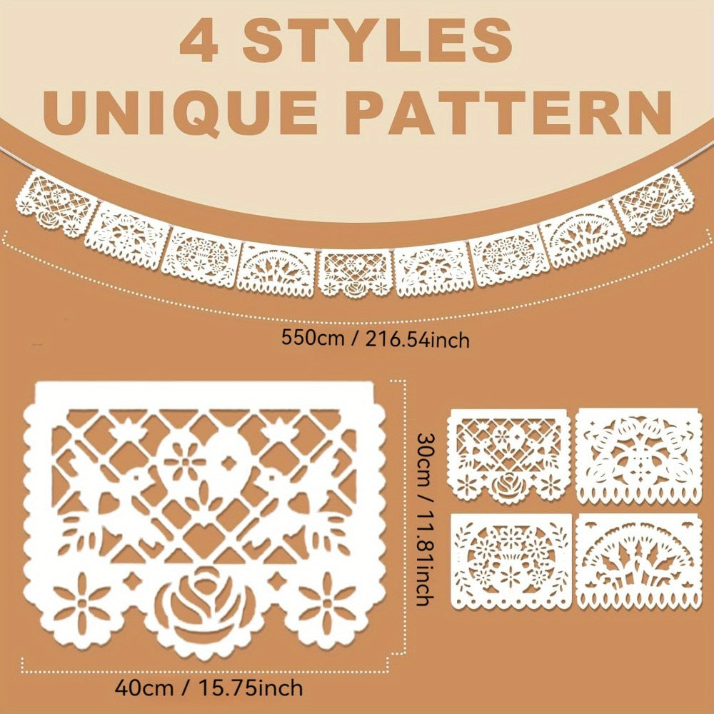 Papel Picado Banners 5 Pack White – Mexican Fiesta Party Decorations, Day of the Dead Decor, Cinco de Mayo Banner, Wedding Fiesta Supplies, 4 Designs 90 Feet Plastic Flags